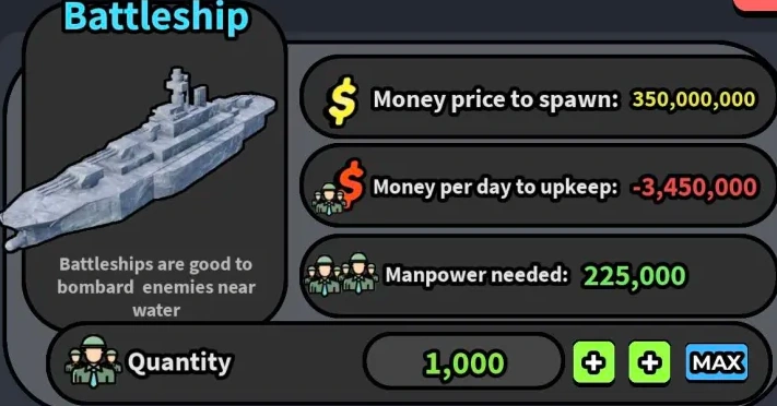 Battleship upkeep panel in Control Europe