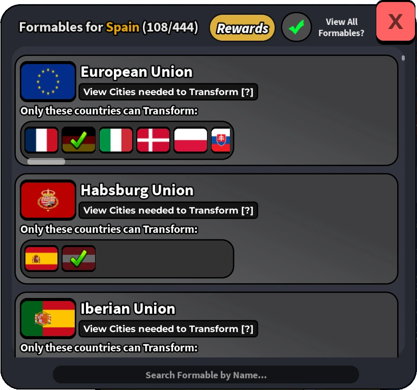 The formable panel in Control Europe, showing which nations are available to form