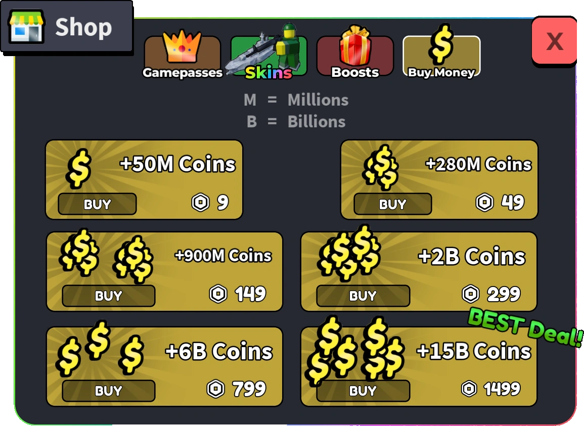 The in-game shop interface with the gamepasses and boosts tabs